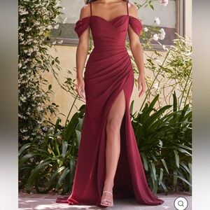 Cinderella Divine Burgundy Off-Shoulder formal dress